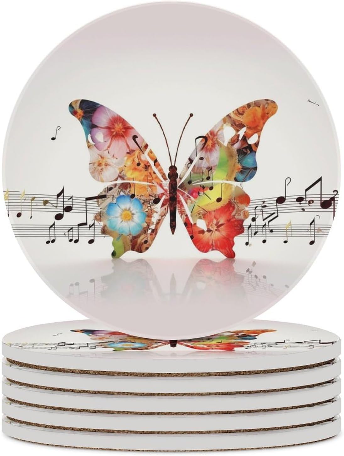 6PCS Music Butterfly Coasters Non-Slip Round Drink Coasters with Ceramic Stone and Cork Base, Heat Resistant Absorbent 33.00Stone Coaster Set for Kinds of Mugs and Cups, 4 Inch