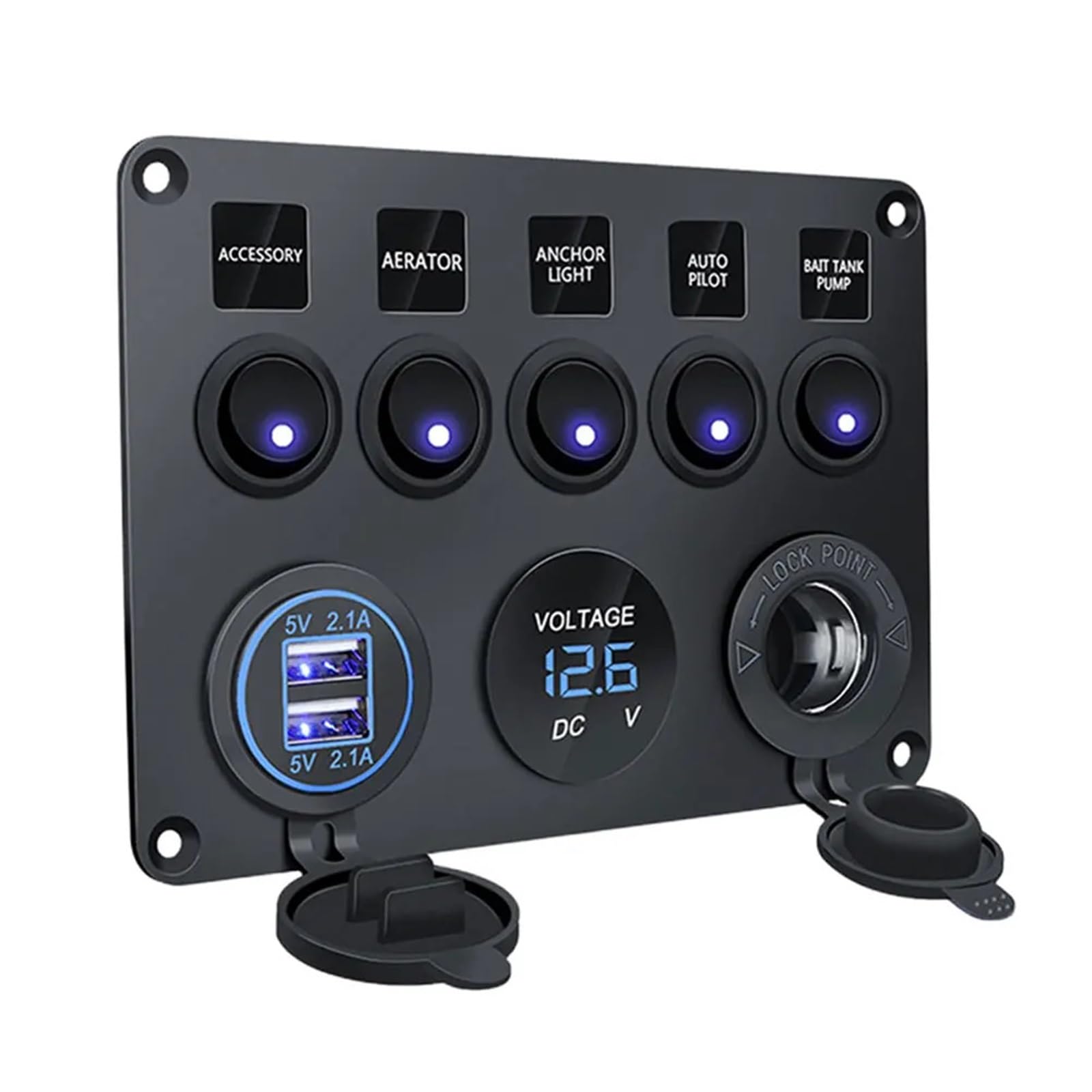 Panneau de commande d'interrupteur d'éclairage LED 12 V à 5 gangs, voltmètre, 2 ports USB, circuit de contrôle LED marche/arrêt for camping-car, camion, bateau, VTT, caravane(Blauw)