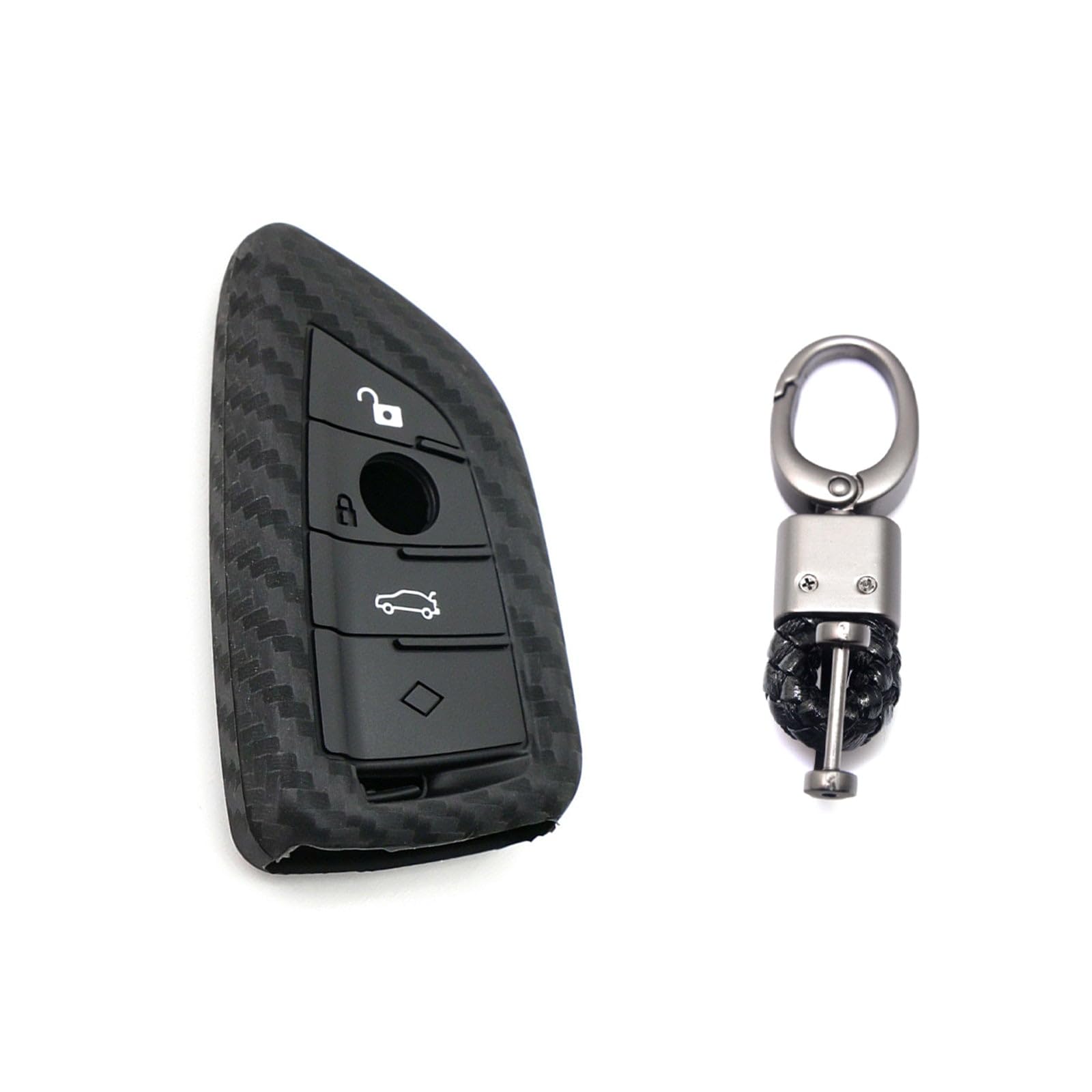 Xotic Tech Carbon Fiber Pattern Soft Silicone Key Fob Shell Cover Case w/Keychain, Compatible with BMW 2 5 6 7 Series X1 X2 X3 X5 X6 Series G05 G20 G30 G80 F10 F15 Smart Keyless Entry Key-Blade Shape