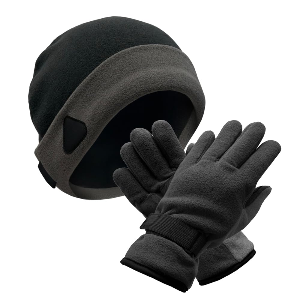 i-Smalls Winter Beanie and Anti-Slip Gloves Set Windproof Insulated Gloves Adjustable Fit Ideal for Cold Weather (Contrast Black)