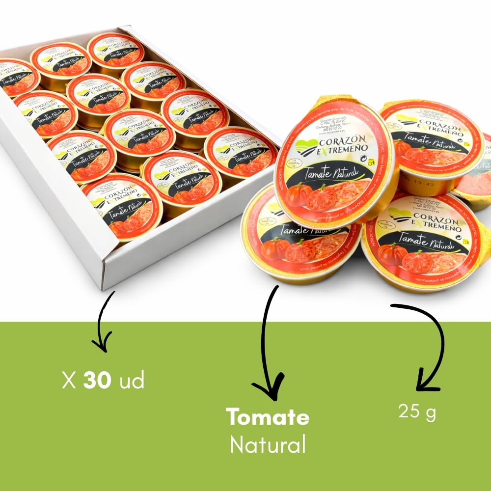 CORAZON EXTREMEÑO Tomate Natural Rallado Monodosis 30x25g | 100% Tomate Natural | Sin Conservantes ni Colorantes | Sin Gluten ni Lactosa | Ideal para Tostadas y Hostelería | Entrega en 24h