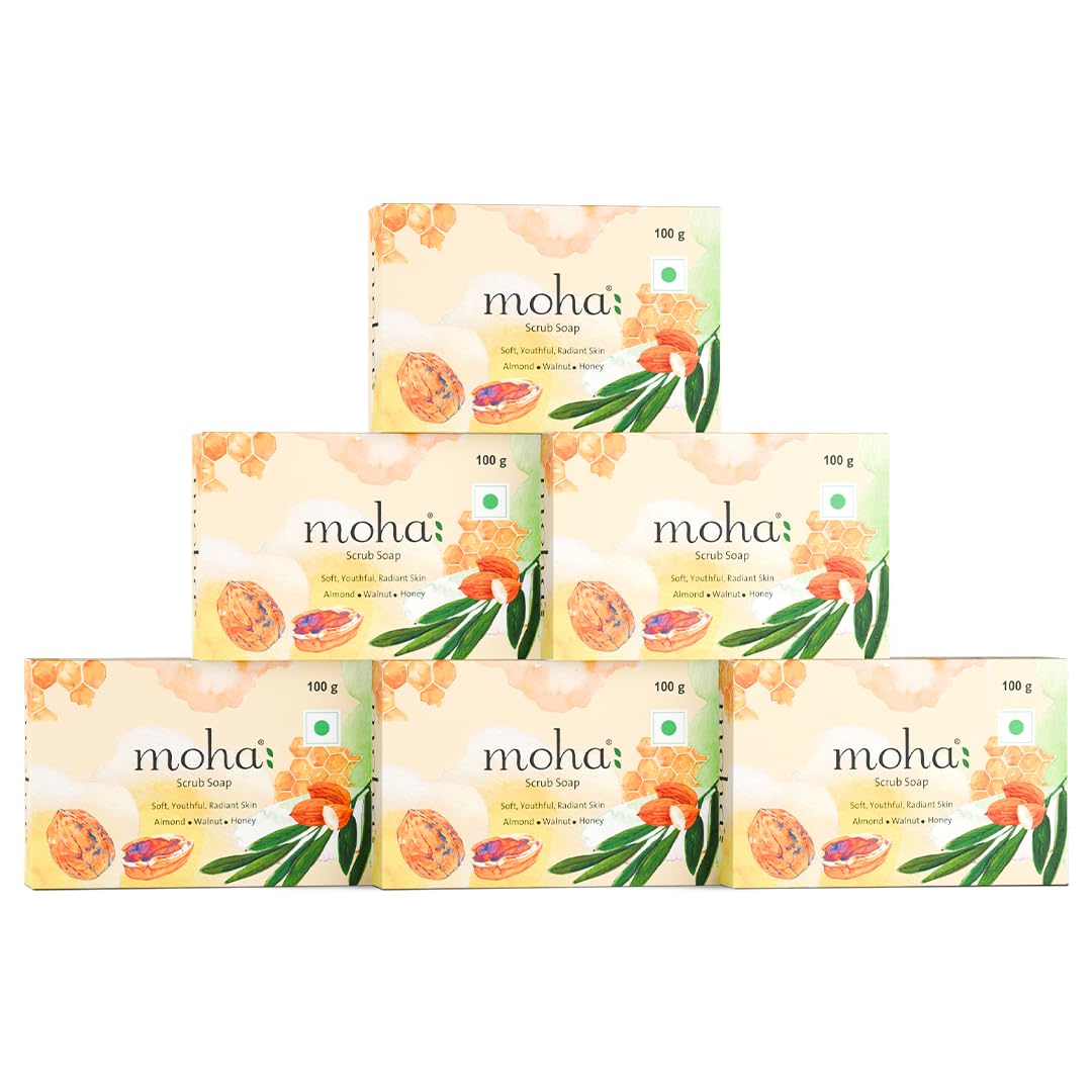 Sponsored Ad - Moha Honey & Almond Scrub Soap with Walnut Powder | Exfoliating & Hydrating Herbal Soap Bar for Face & Body | Organic Bathing Soap for Women & Men | Ayurvedic Body Soap Bar -100gm (Pack of 6)