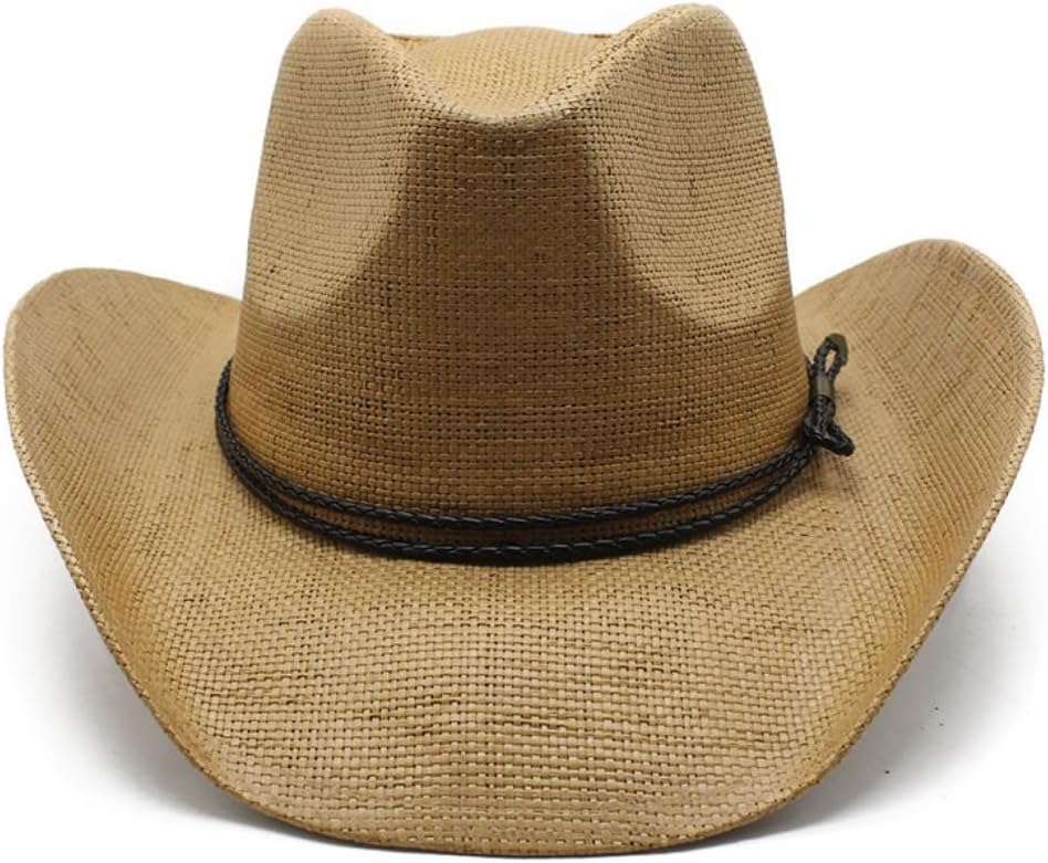 Western Cowboy Hat, Natural Straw, Braided Leather Band, Wide Brim