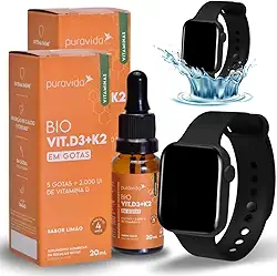 Kit 2x Puravida Vitamina D3 + K2 Em Gotas Pura Vida Biodisponível 20ml Acompanha Relógio Esportivo Aprova D'agua Preto