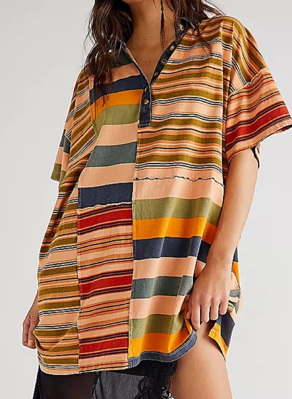 Image of NUFIWI Y2K Striped Shirt Mini Dress for Women Oversized Stripe Tunic Tshirt Dresses Short Sleeve Buttons Loose Fit Tee Dress