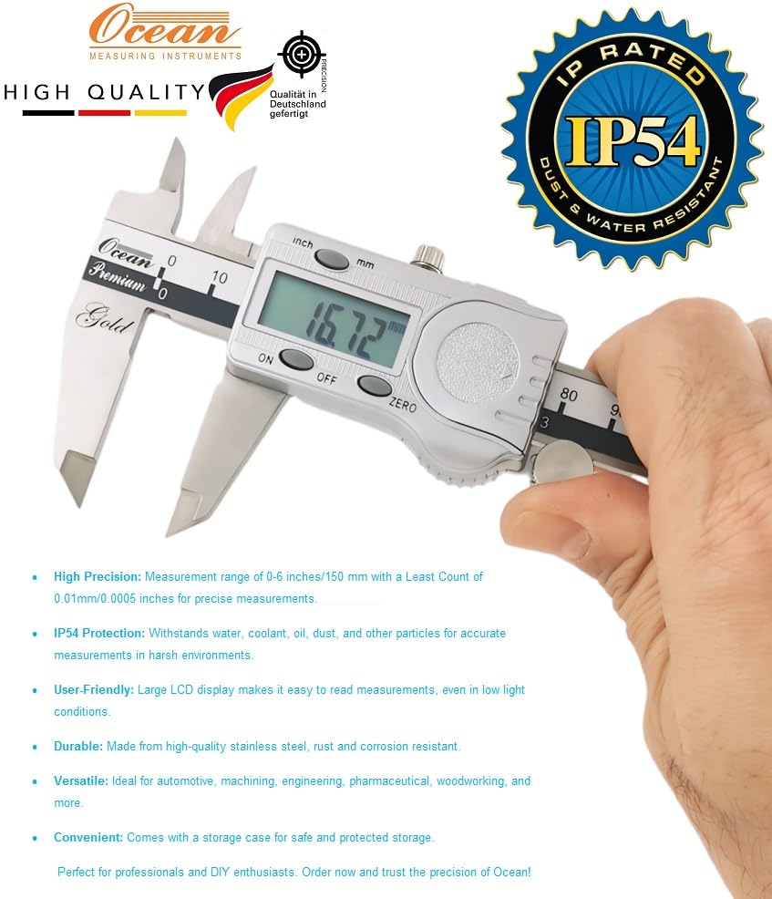 Ocean Electronic Digital Caliper Measuring Tool, Stainless Steel Vernier Caliper Digital, Easy Switch from Inch Metric, 0-6inch/150mm Caliper Measuring Tool for DIY/3D Printing, Coolant Proof IP54 2
