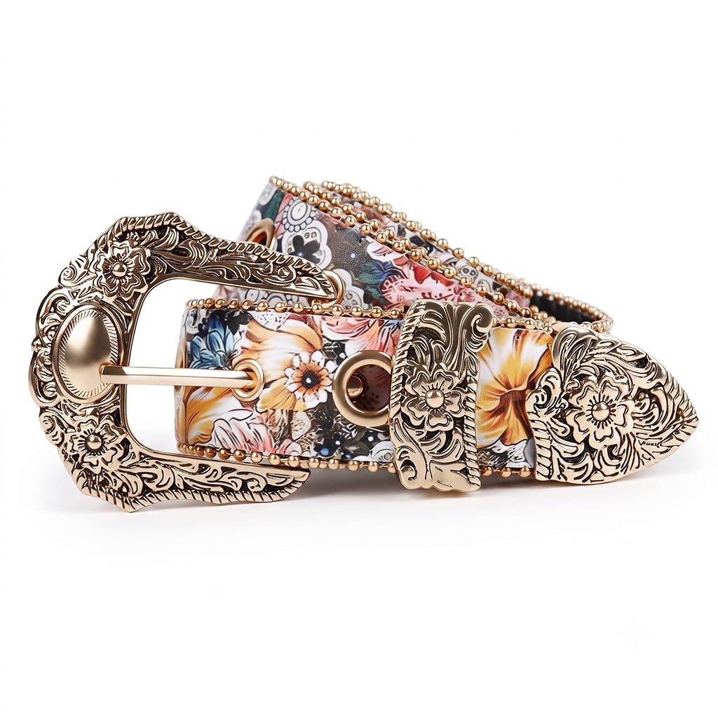 Womens Western Belt with Floral Pattern and Vintage Carved Buckle Western Retro Floral Belt for Jeans Dresses and Country Inspired Outfits-image-20