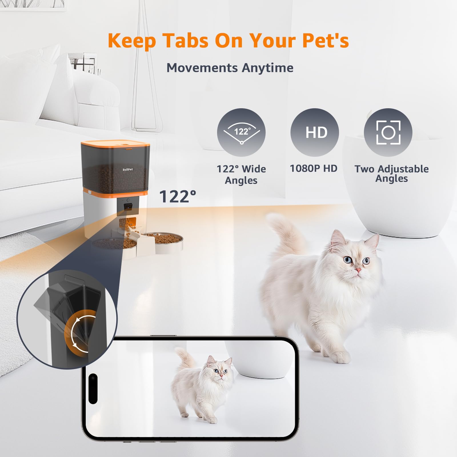 Automatische kattenvoederautomaat met verstelbare camera voor 2 katten, 5G WiFi 6L Smart Cat Food Dispenser, 1080P HD-video met nachtzicht, huisdiervoeder met 2-weg audio voor katten en honden