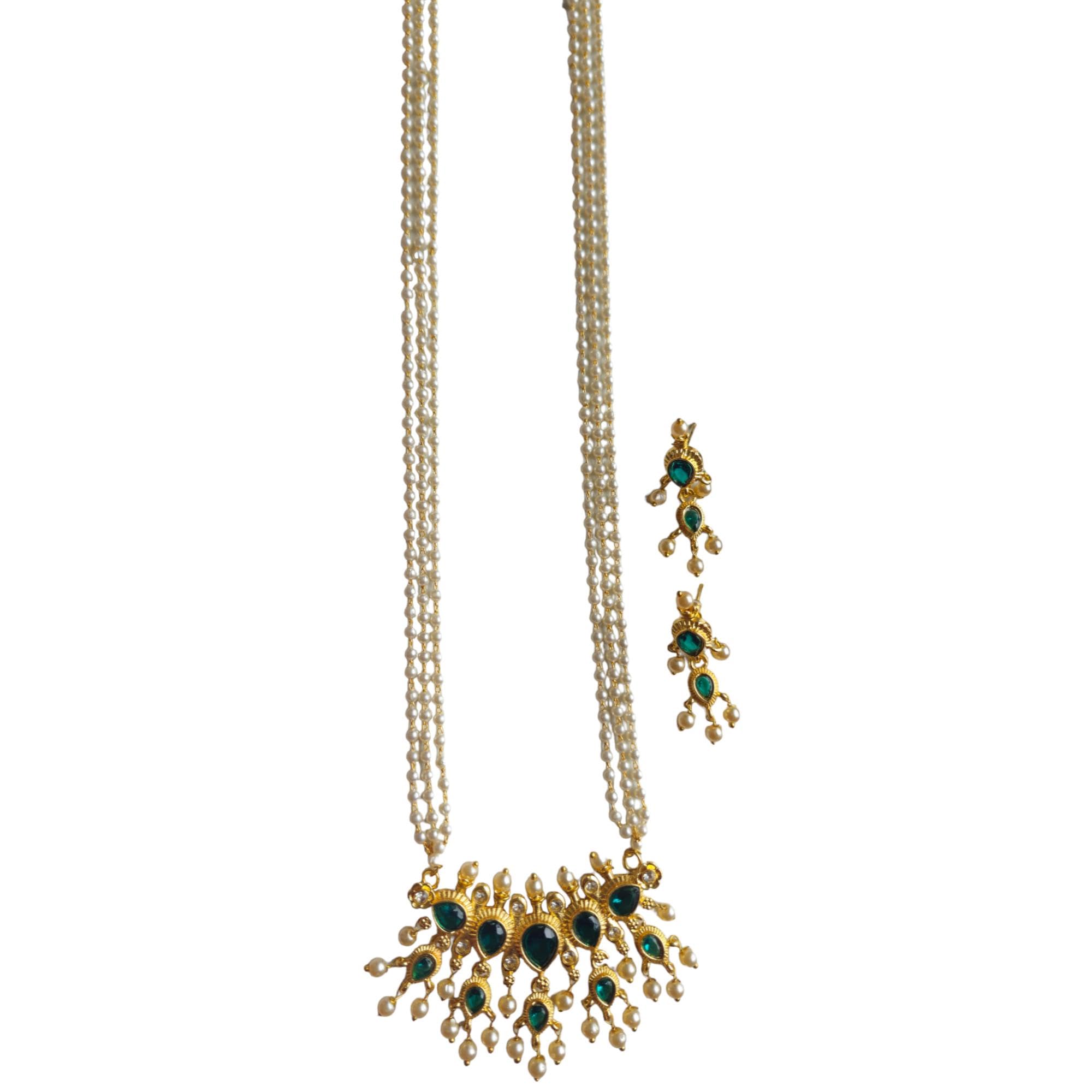 AAIKU Traditional Maharashtrian Tanmani Moti Necklace with Earrings set Puneri Khod 3 layer Har Plain and 5 stone Pendant | Back Side Adjustable Kadi for Women and Girl (18IN-Green) (B0D81KN6K6) Amazon Price History, Amazon Price Tracker