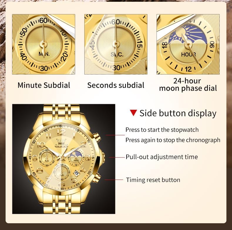 OLEVS Watches Men Luxury Chronograph Moon Phase Waterproof Luminous Watches for Men Analog Quartz Calendar Stainless Steel Strap Wrist Watches-(Black/Blue/Gold/Grey/Silver Face) - Image 6