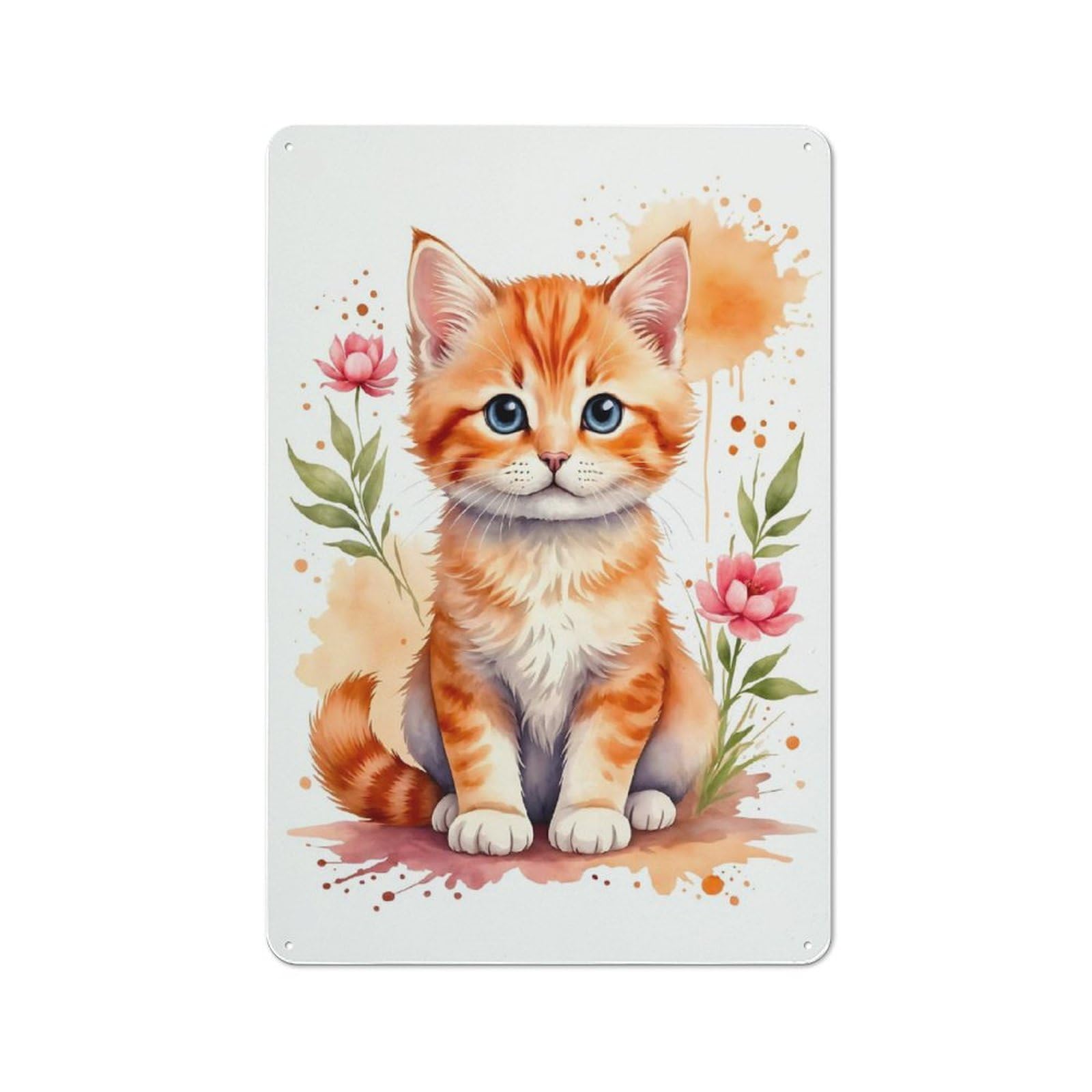Junmoney Style-23 Cute Orange Kitten Watercolor Warehouse Style Metal Wall Decor 30X20cm, Tin Wall Sign For Modern Home, Workshop, Office Or Cafe