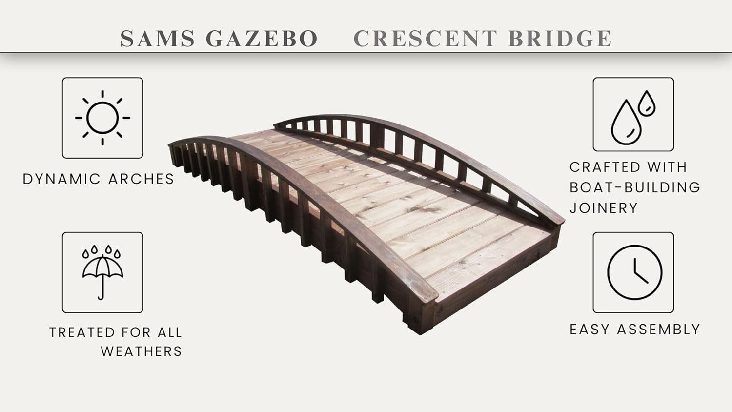 SamsGazebos Crescent Japanese Style Wood Garden Bridge, 8', Brown (MB-CR-T-8)