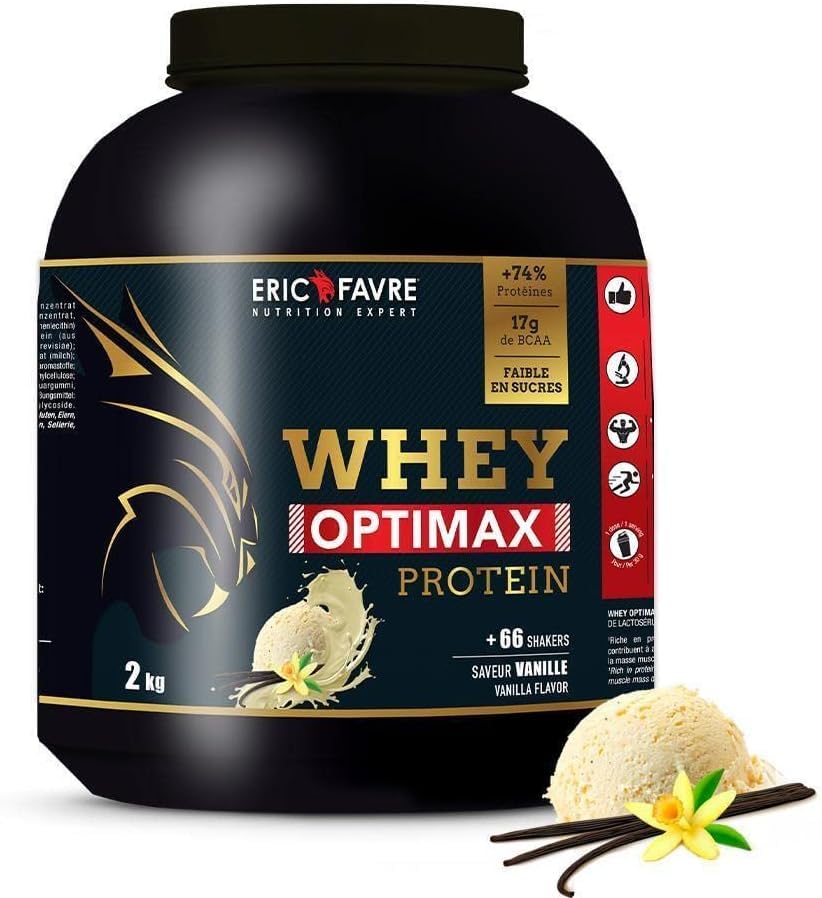 WHEY OPTIMAX PROTEIN - Molkenproteinpulver für Muskelaufbau - Regeneration mit natürlich vorkommendem Glutamin und BCAA-Aminosäuren - Vanille 2 kg - Eric Favre