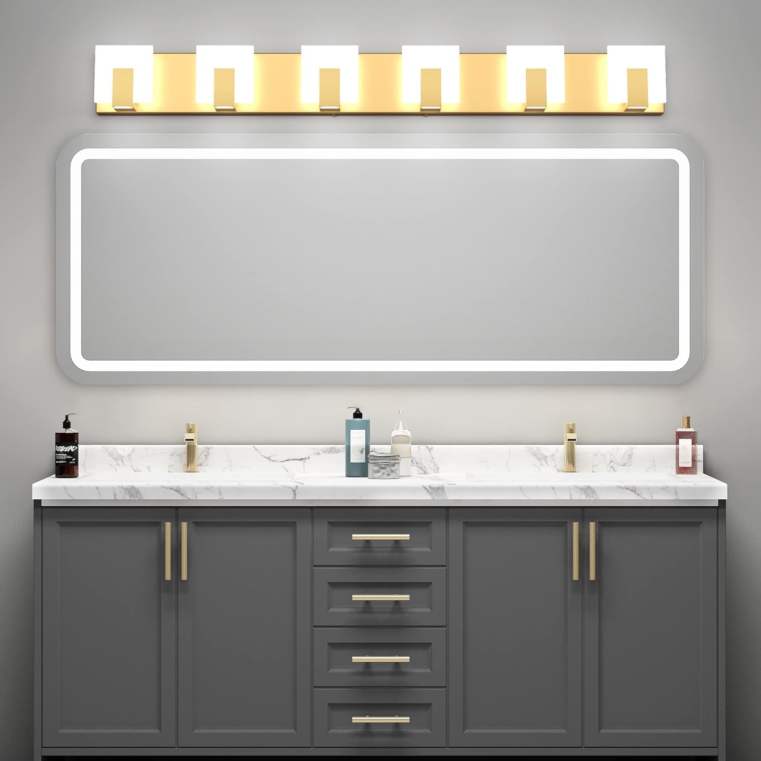 Aipsun Gold Vanity Lighting Fixtures Modern Vanity Lights LED 6 Lights Bathroom Vanity Light Up and Down Wall Light Fixtures 6000K