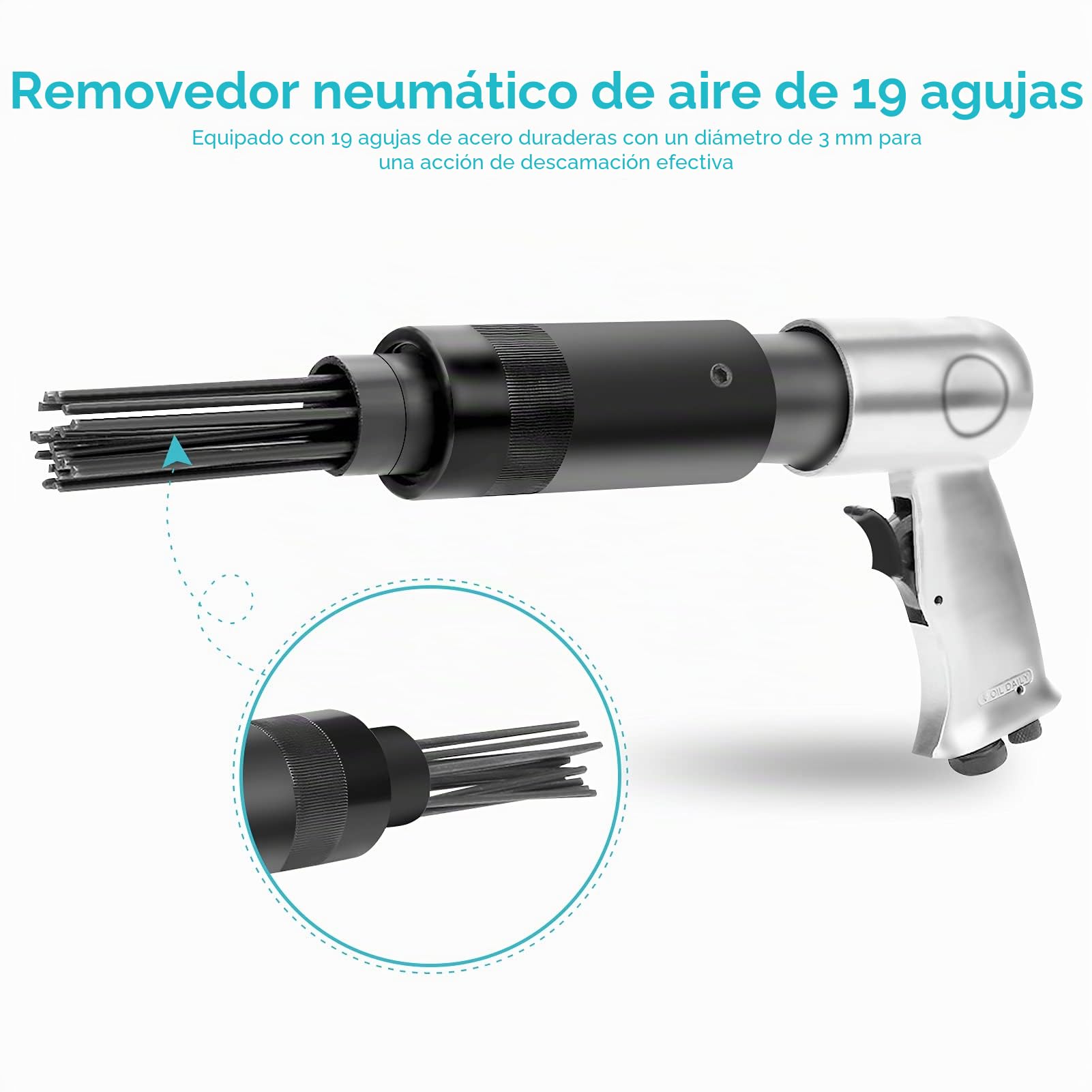 Cocoarm Pistola de Agujas Neumática Desoxidante, 19 Agujas, Removedor de Óxido, 340 mm, 3000 Pulsaciones por Minuto, Mango Ergonómico