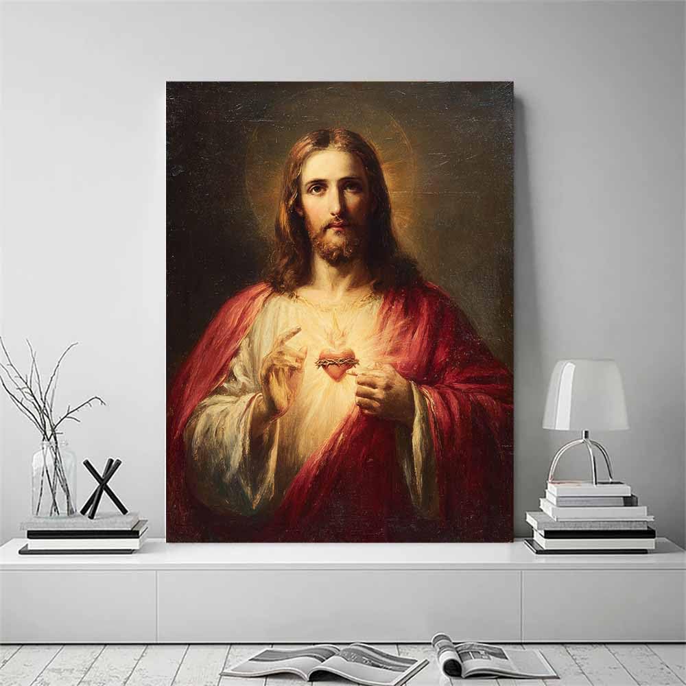 HUYEEI Obraz Jezusa w stylu vintage, serce, bardzo trzymający, Święte Serce, plakat, Bóg Chrystus, religijny, katolicki, obraz na płótnie, do dekoracji kościoła (biały) - 70 x 100 cm, oprawiony