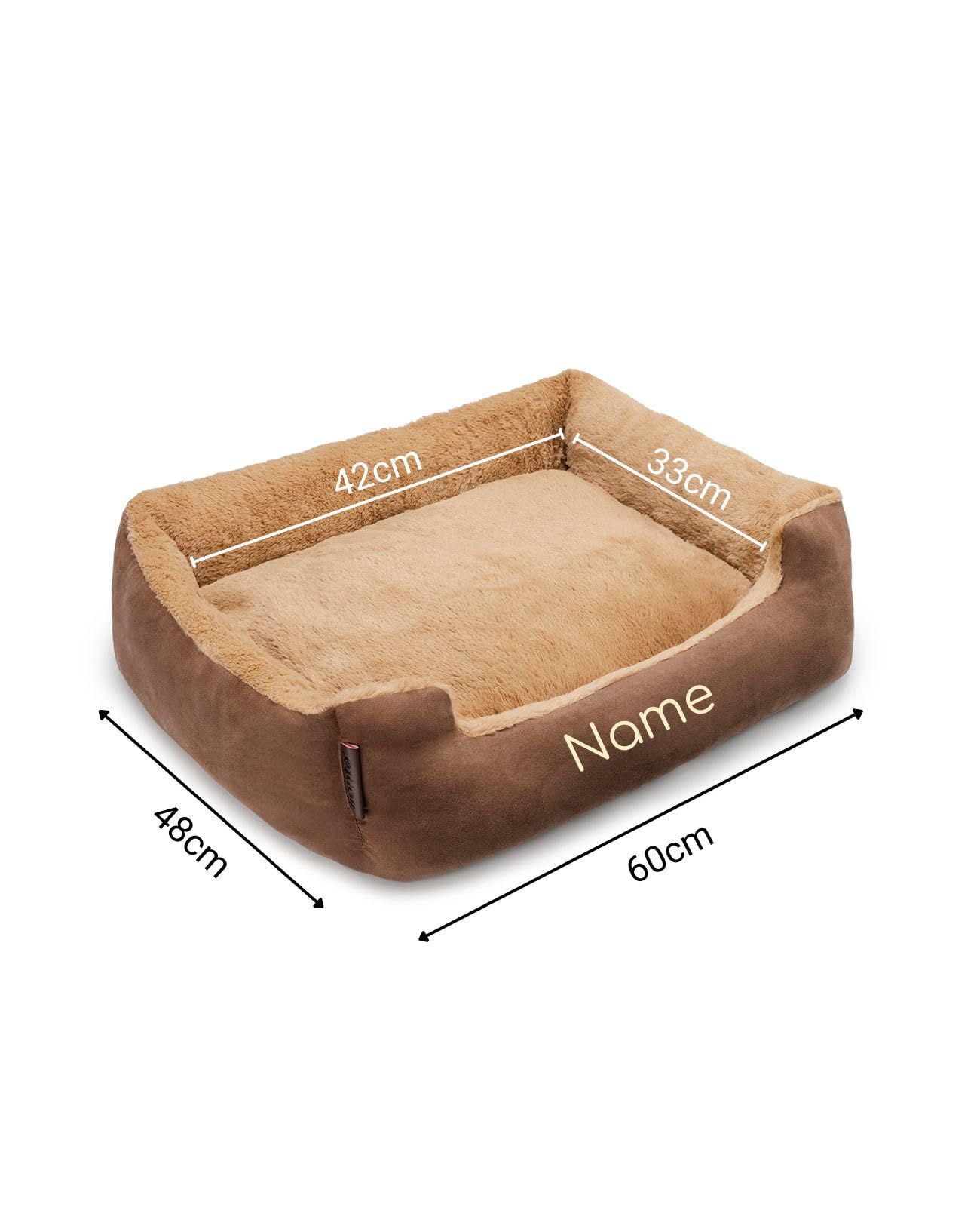 lionto Cama para Perros con cojín Reversible y Base Antideslizante, cojín para Mascotas con Entrada Baja para Perros y Gatos, 60x48 cm, cojín para Perros Acogedor, marrón/Beige (con Nombre Impreso)