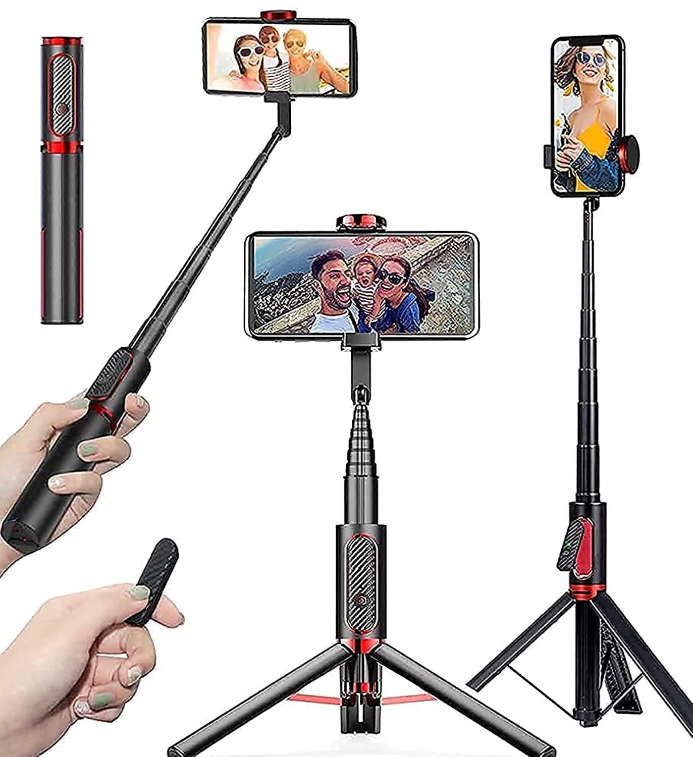 Tycom 75cm Selfie Stick Tripod, Extendable All in One Phone Tripod Integrated with Wireless Remote, Tripod Stand Compatible with All Cell Phones (AB202-195RD)