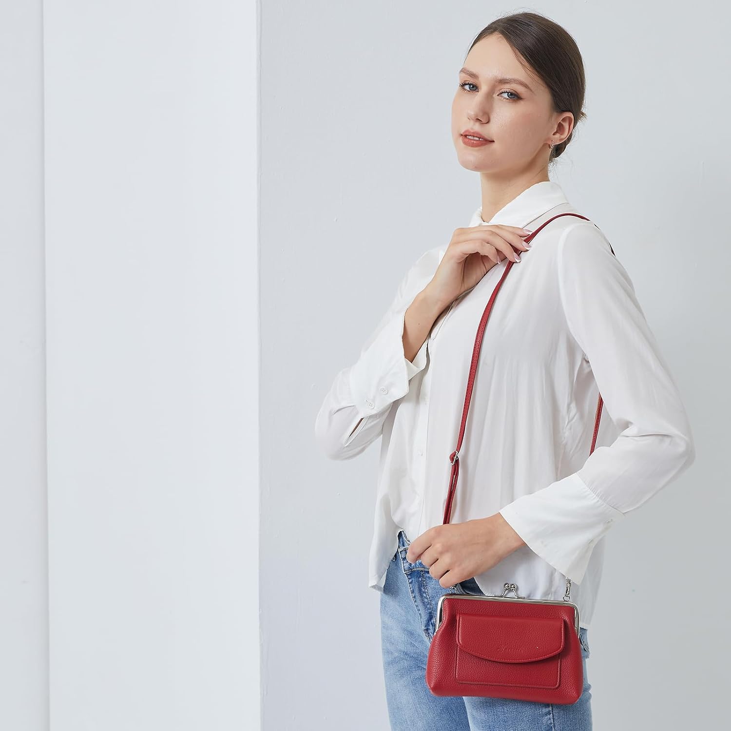 Genuine Leather Small Shoulder Bag for Women Kiss Lock Fashion Phone Purse (Red) - Image 3