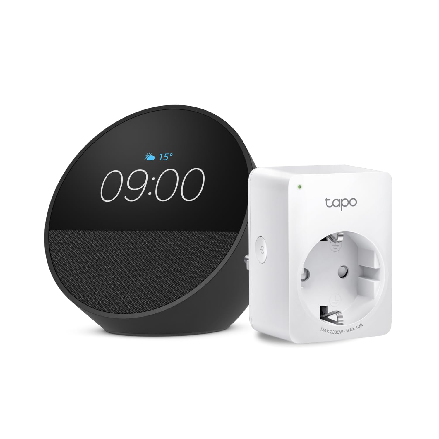 Echo Spot | Negro + Tapo P100MA - Matter Mini Enchufe Inteligente, compatible con Alexa - Kit de inicio de Hogar digital