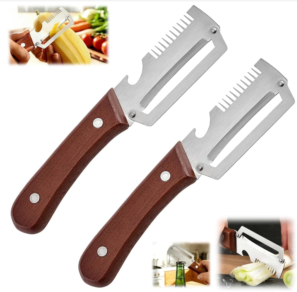 Photo 1 of 2 Pack MultiFunctional Vegetable Peeler,3 in 1 Multi Functional Wooden Handle Peeler and Bottle Opener,Peeler Knife for Fruit Pumpkin Peeling Potato Carrot Veggie Peeler