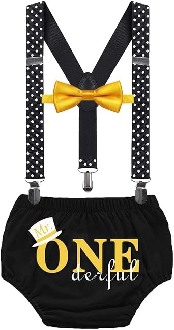 Mr. ONE Derful Cake Smash Costume Boys First Birthday Photo Shoot Outfits Bloomers Suspenders Bowtie 3Pcs Set