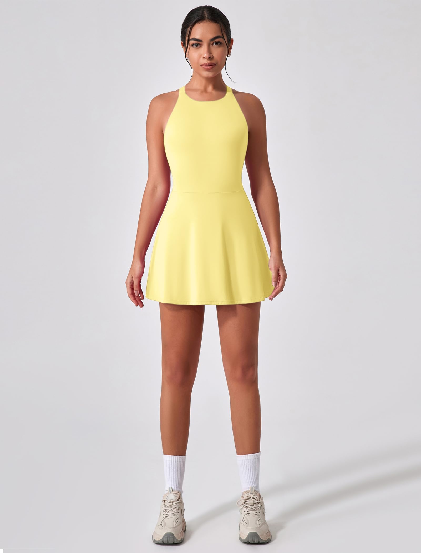 Robe de tennis pour femme - Sans manches - Dos croisé - Avec soutien-gorge intégré et short - Avec poches - Mini robe d'été - Robe de golf - Robe d'entraînement