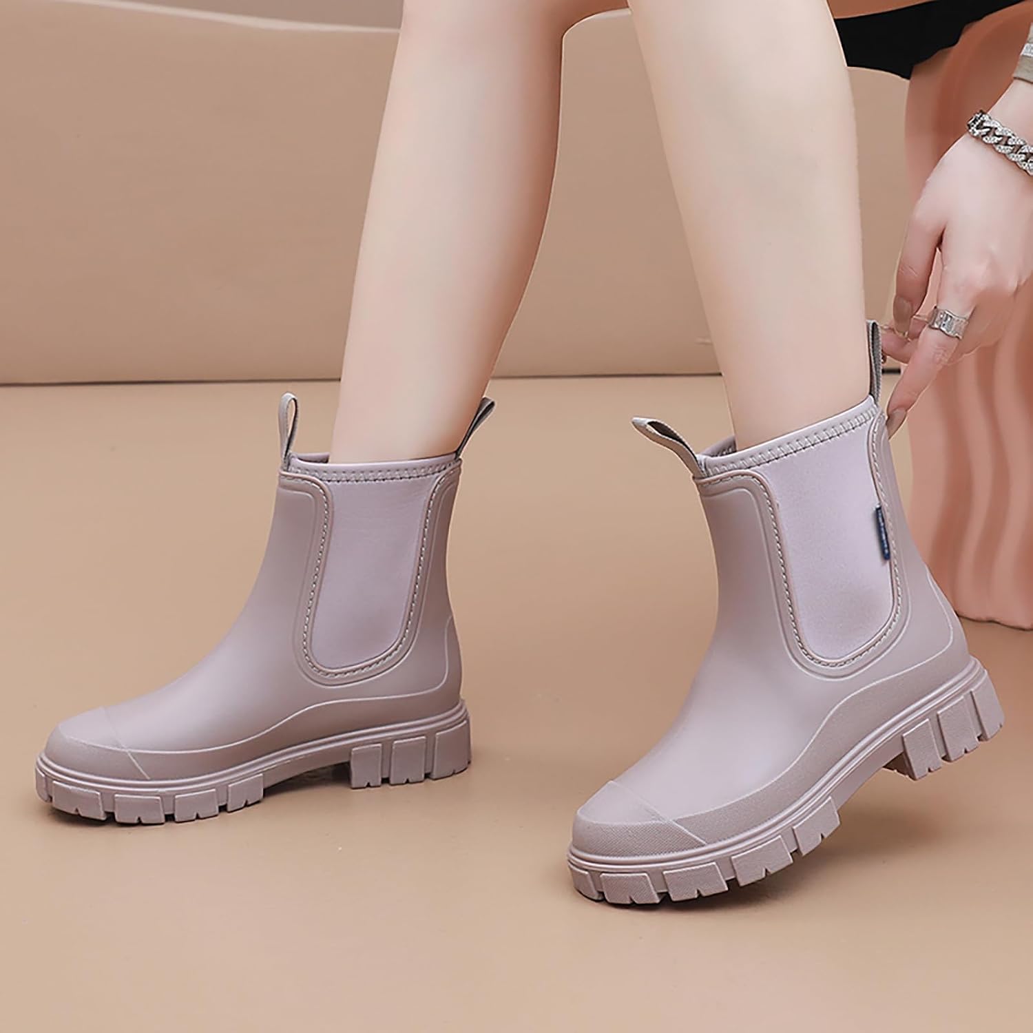 Women'S Waterproof Rain Ankle Boots Fashion Slip On Comfortable Platform Chunky Heel Chelsea Booties For Outdoor Work