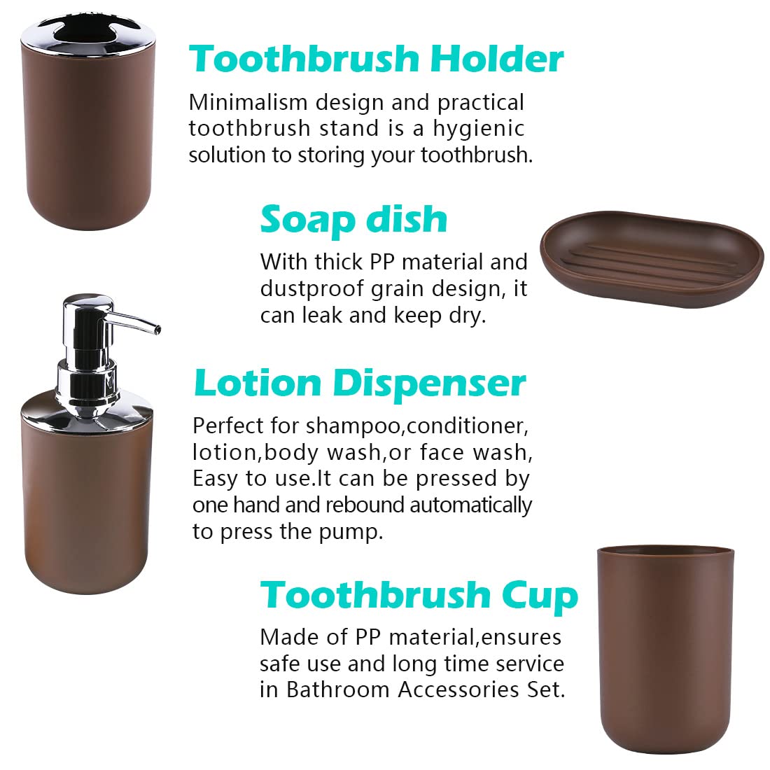 Papillon - Set di 6 accessori per il bagno, portaspazzolini con bicchiere, dispenser di sapone e piattino, scopino per WC e cestino (color caffè)