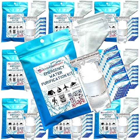 Emergency Water Purification Tablets, Aquatabs 500 pk Water Purifying Tablets, 10pk Whirl-Pak Water Storage & Purifier Bags, 20x Prefilters for Debris Filtration, Camping Must Haves (10) Cover