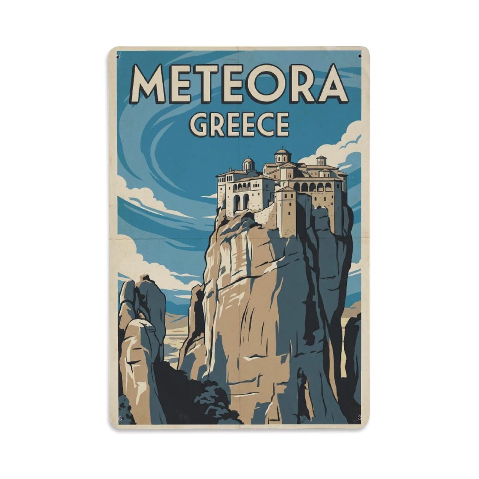 Vintage Greece Meteora Travel Metal Tin Sign Plaque Wall Decor for Cafe, Club Bar, Office, Garden Metal Poster 8x12Inch