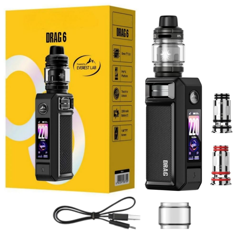 For VOOPOO Drag 6 Kit 220 W Mod (Nero) Batteria da 4400 mAh | 5 ml Serbatoio UFORCE X Tank II | PnP X Coil 0,15Ω e 0,3Ω | Rotella di regolazione di precisione | Schermo TFT da 1,66'' - No Nicotine