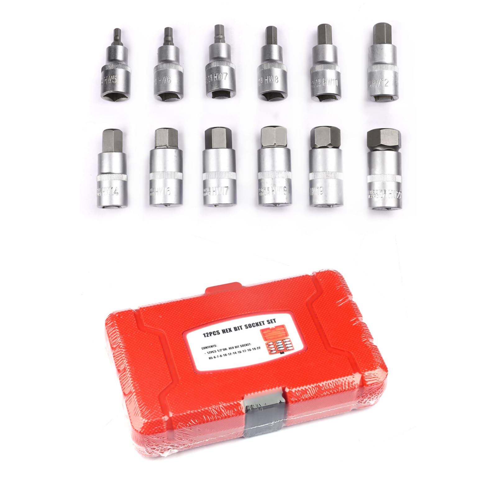 Msioytog A 12Pcs 1 / 2Inch Drives Impacts Hexagon Bit Socket Set H5 H6 H7 H8 H12 H14 H16 H17 H18 H19 H22 Hexagon Socket Set Hand Tool Utomotive Repair