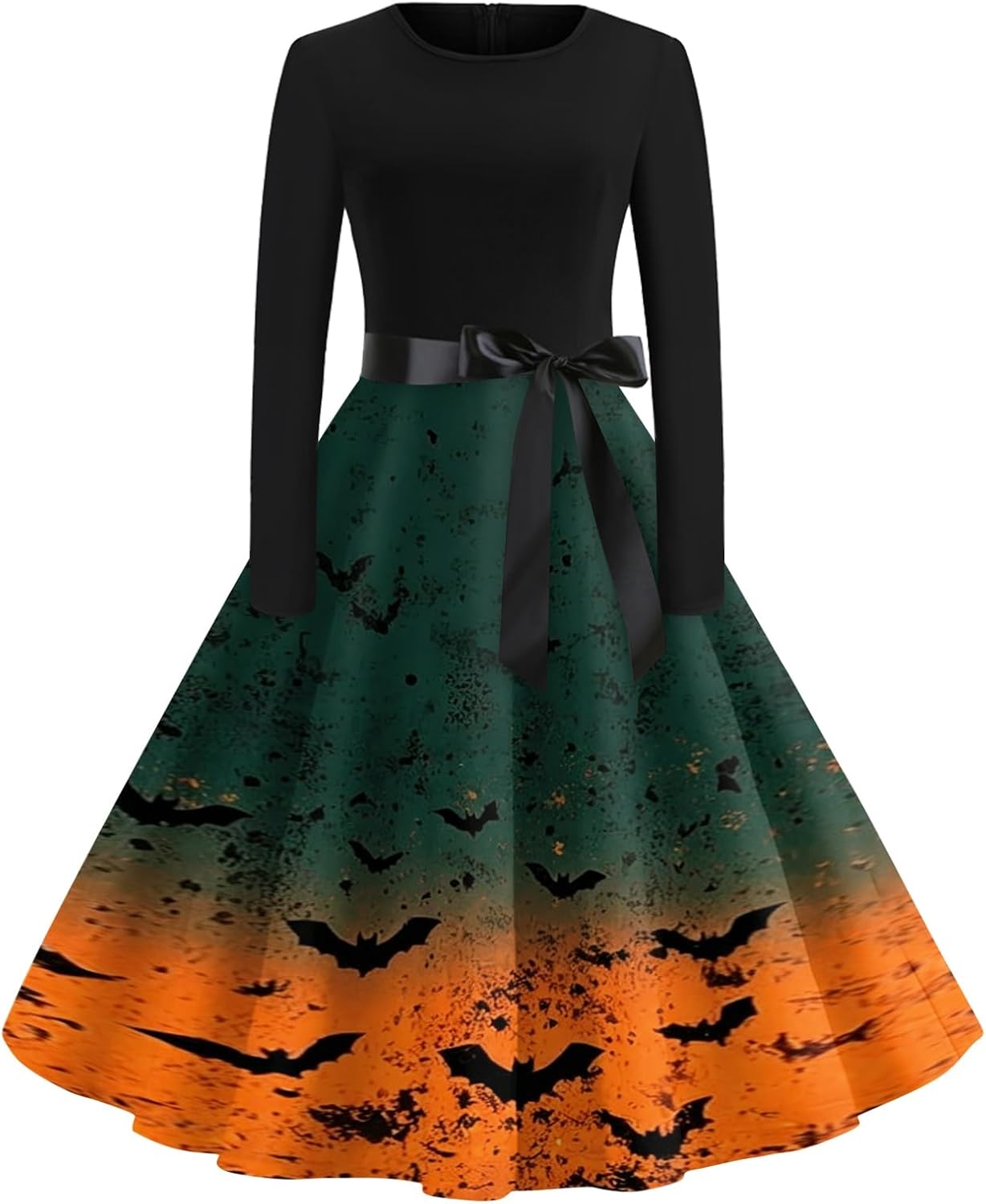 Womens Halloween Printed Dress Long Sleeve Crew Neck Fit and Flare Midi