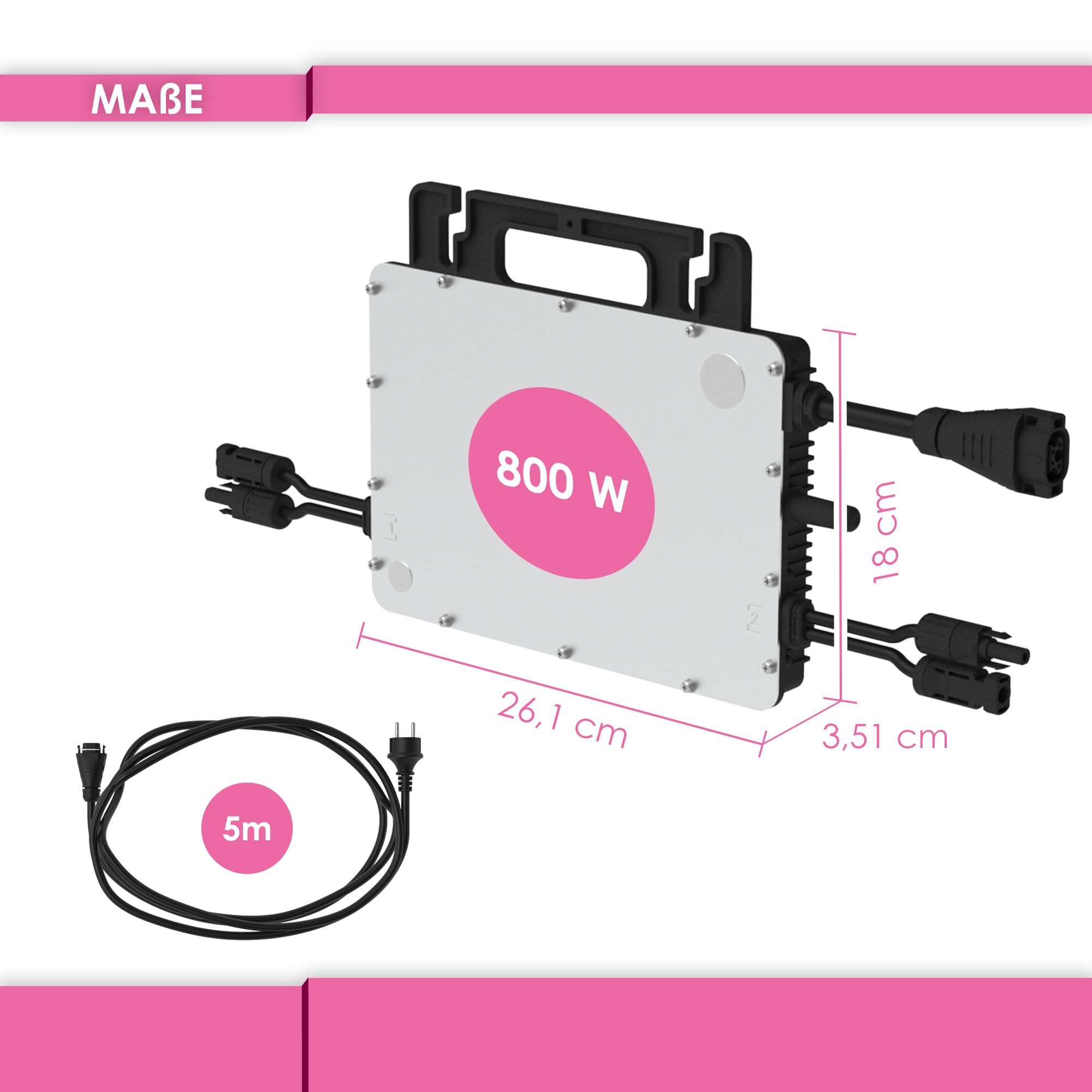 Hoymiles HMS-800W-2T Mikro-Wechselrichter mit integrierter WiFi DTU | inkl. 5m HMS Field Connector Kabel | bis zu 2 PV-Module | 800 Watt | VDE konform | für Balkonkraftwerke - at-Version