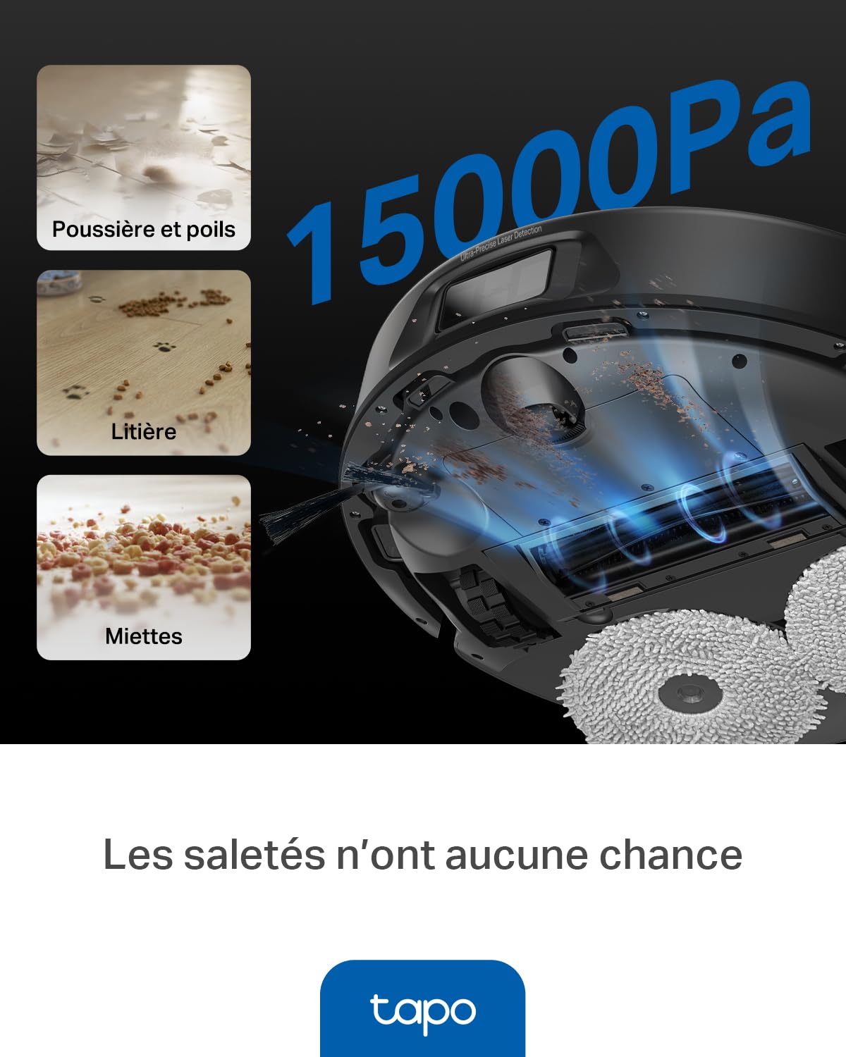 Tapo Aspirateur Robot Laveur RV50 Pro Omni, Station Auto-Nettoyante, Ultra puissante 15 000 Pa, Lavage à l’Eau Chaude 60 °C & Séchage Air Chaud, Navigation LiDAR Double Laser, Tapis et Poils d’Animaux