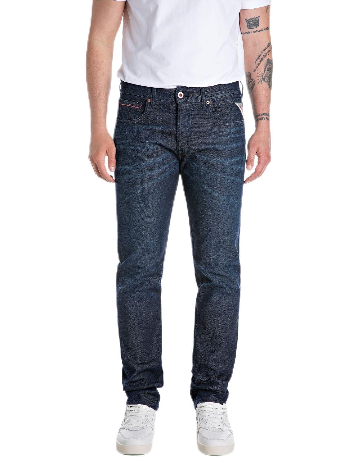 Replay Men's Grover Red Logo Jeans, 007 Dark Blue, 34 W/34 L