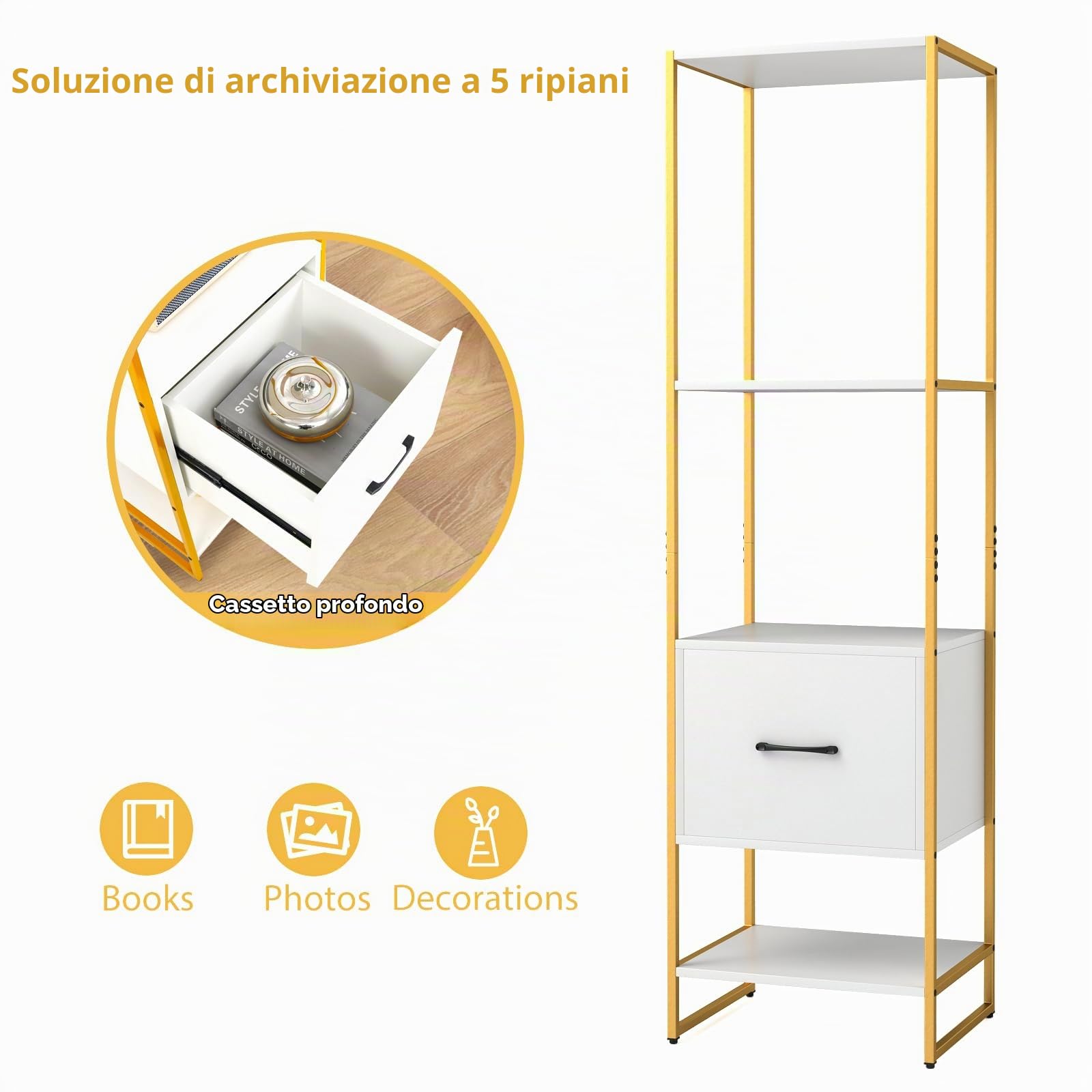 HOMASIS Libreria da Parete a 4 Ripiani e Cassetto, Libreria Verticale a Colonna da Terra in Legno, Struttura in Metallo, Scaffale ad Angolo per Soggiorno, Studio, Cucina, 45 x 35 x 160 cm (Bianco)