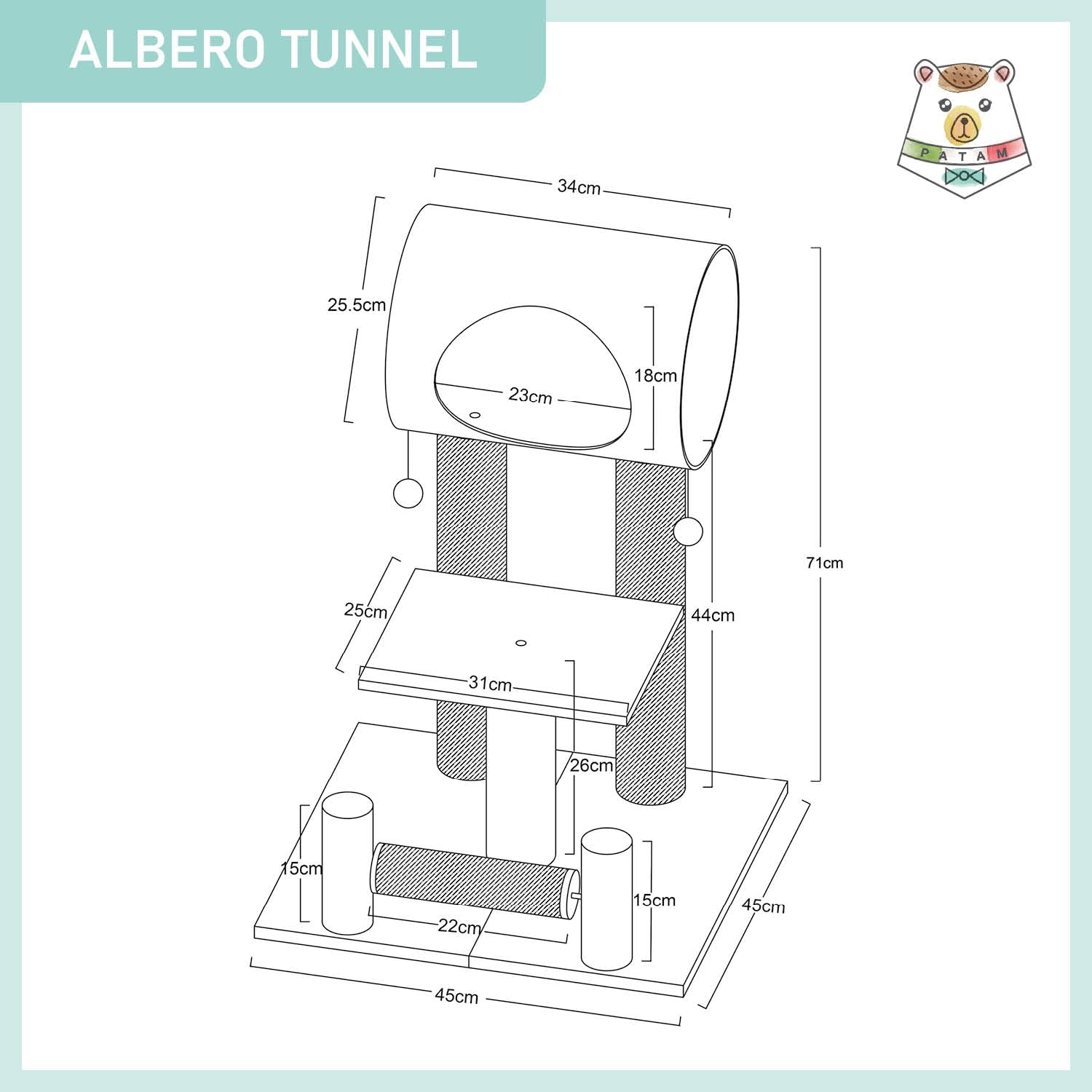 Kratzbaum aus Natursisal mit Tunnelhaus und Spiel, verstärkter Boden, einfache Montage, ideal für Katzen und Kätzchen – Höhe 71 cm, Tunnel Dunkelgrau