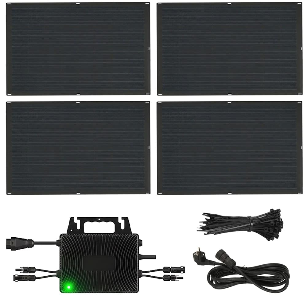 Kit Fotovoltaico Balcone Mini Fotovoltaico 800W - Pannelli Flessibili Ultra Leggeri [200W x 4] e Inverter AE800S con Monitoraggio WiFi App - Installazione Facile, Pannelli 4kg (800, Wattora)