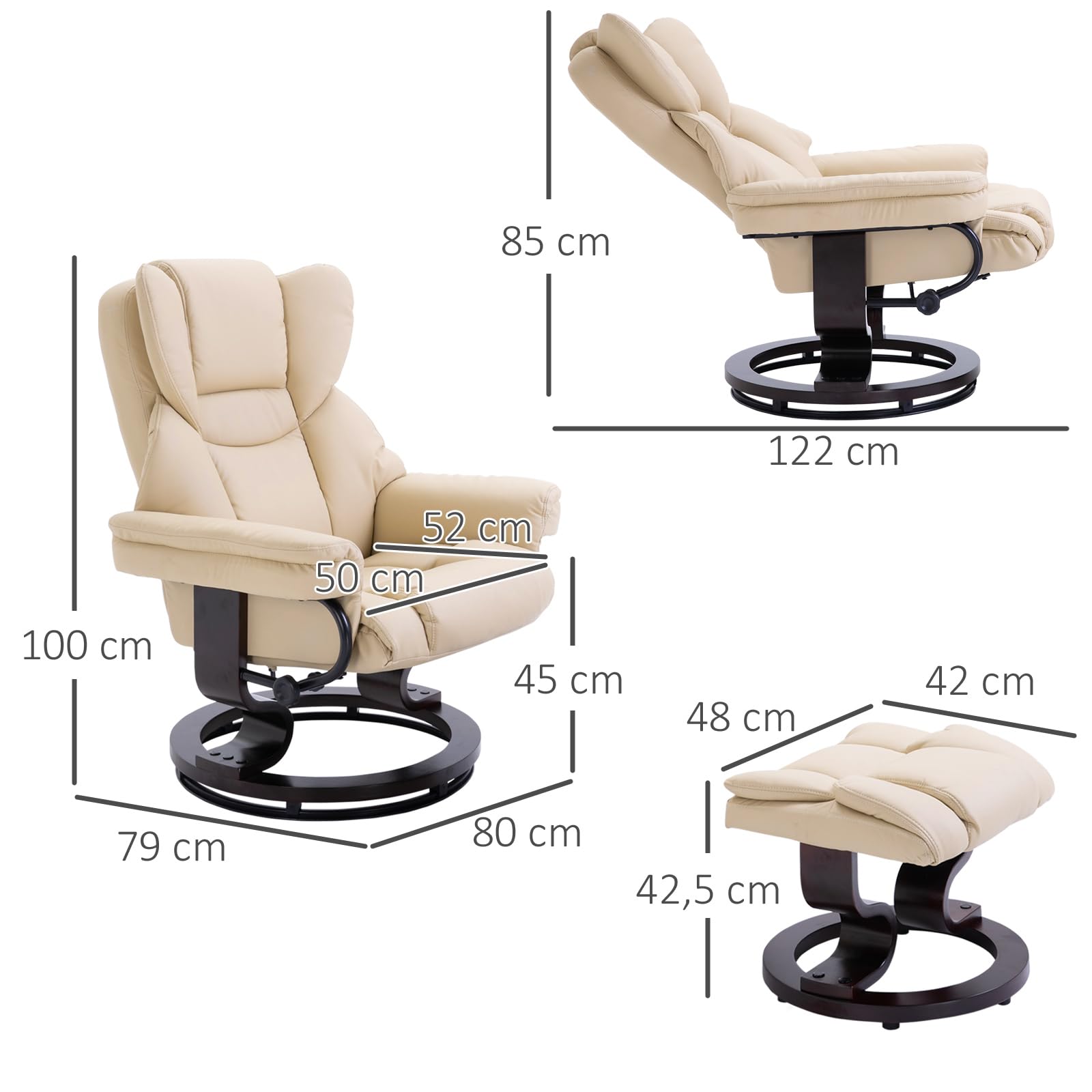 HOMCOM Relaxsessel mit Hocker, 360° drehbarer Fernsehsessel mit Liegefunktion, Hoher Rückenlehne, Armlehnen, Holzfuß Bequem Liegesessel TV Sessel bis 160 kg für Wohnzimmer, Kunstleder, Cremeweiß