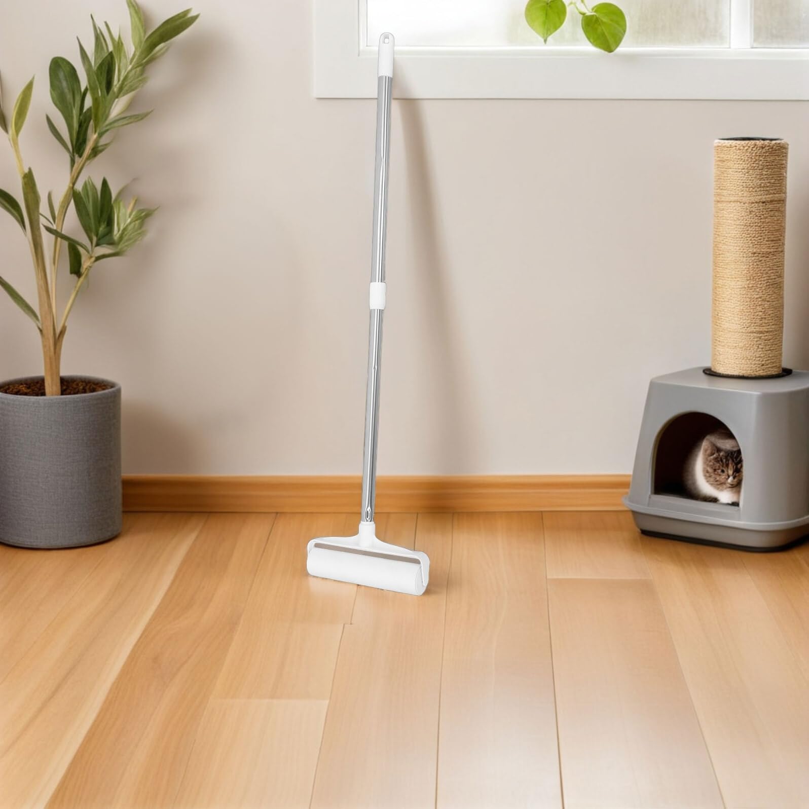 DOITOOL Rullo Levapelucchi Adesivo per Moquette Manico Lungo 35 Pollici | Set Fogli, Abs Bianco, Design Riutilizzabile, Leggero e Portatile per Casa e Vestiti