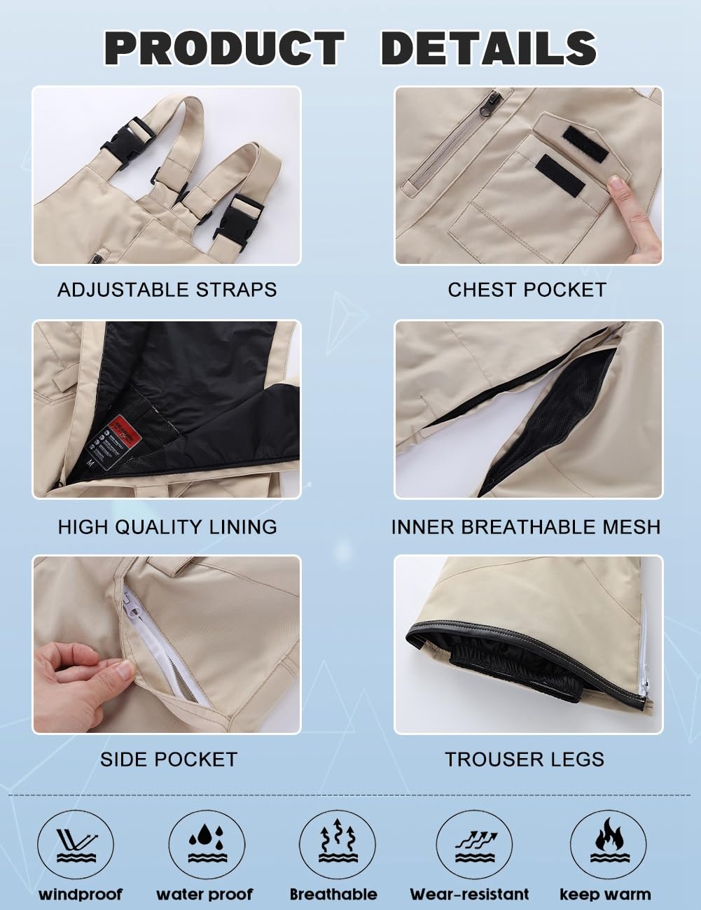 HOUZONIY Skihosen Für Damen, Damen Schnee Lätzchen, Wasserdicht Winddicht Isolierte Skihose, verschleißfeste Latzhose, Wandern, Klettern