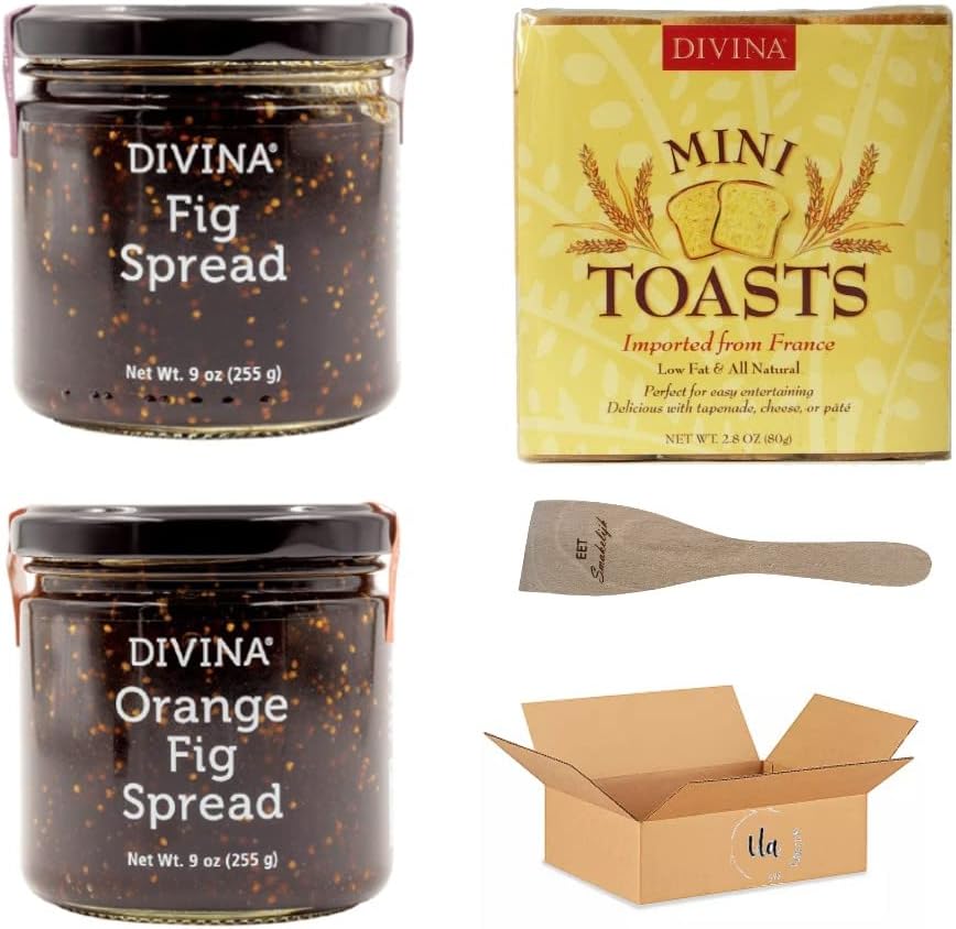 Divina Fig Spread Orange and Original and Mini Toasts Crackers Set Including Custom Spoon. Charcuterie Starter Set