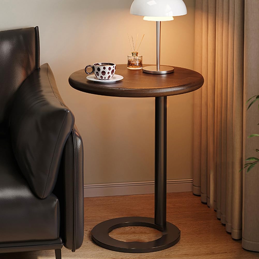 SXZenSpace Small Round Coffee End Table with Stable Support, Solid Wood C Tv Tray Side Table,Couch Tables That Slide under for Living Room,Offices,walnut
