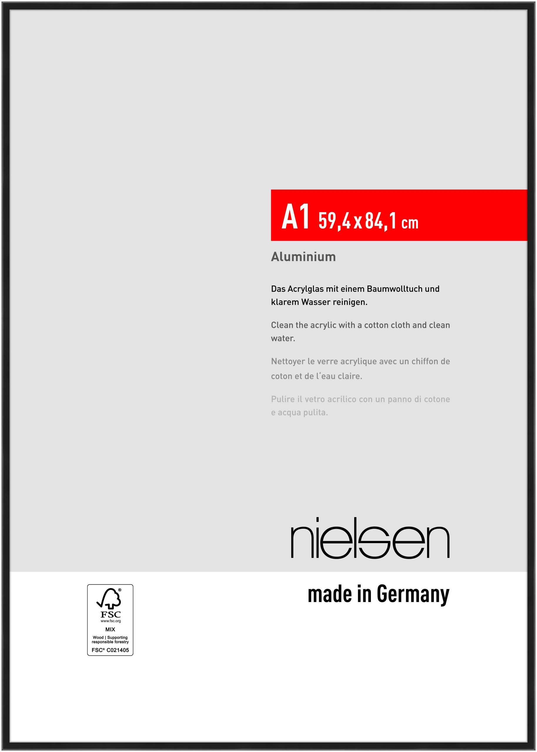 nielsen marco de fotos, 59,4 x 84,1 cm (A1), Aluminio, Negro mate, Marco para pósterpara colgaren formato vertical y apaisado, vidrio sintético irrompible, Atlanta