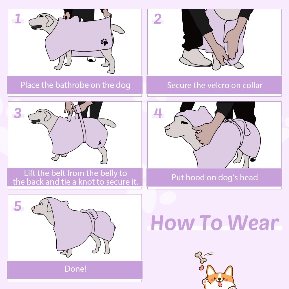 COMFPET Bathrobe Accappatoio per cani per il dopo bagno, asciugamano per animali da bagno, accappatoio con cappuccio per cani e gatti di tutte le razze, asciugamano assorbente, L (viola)