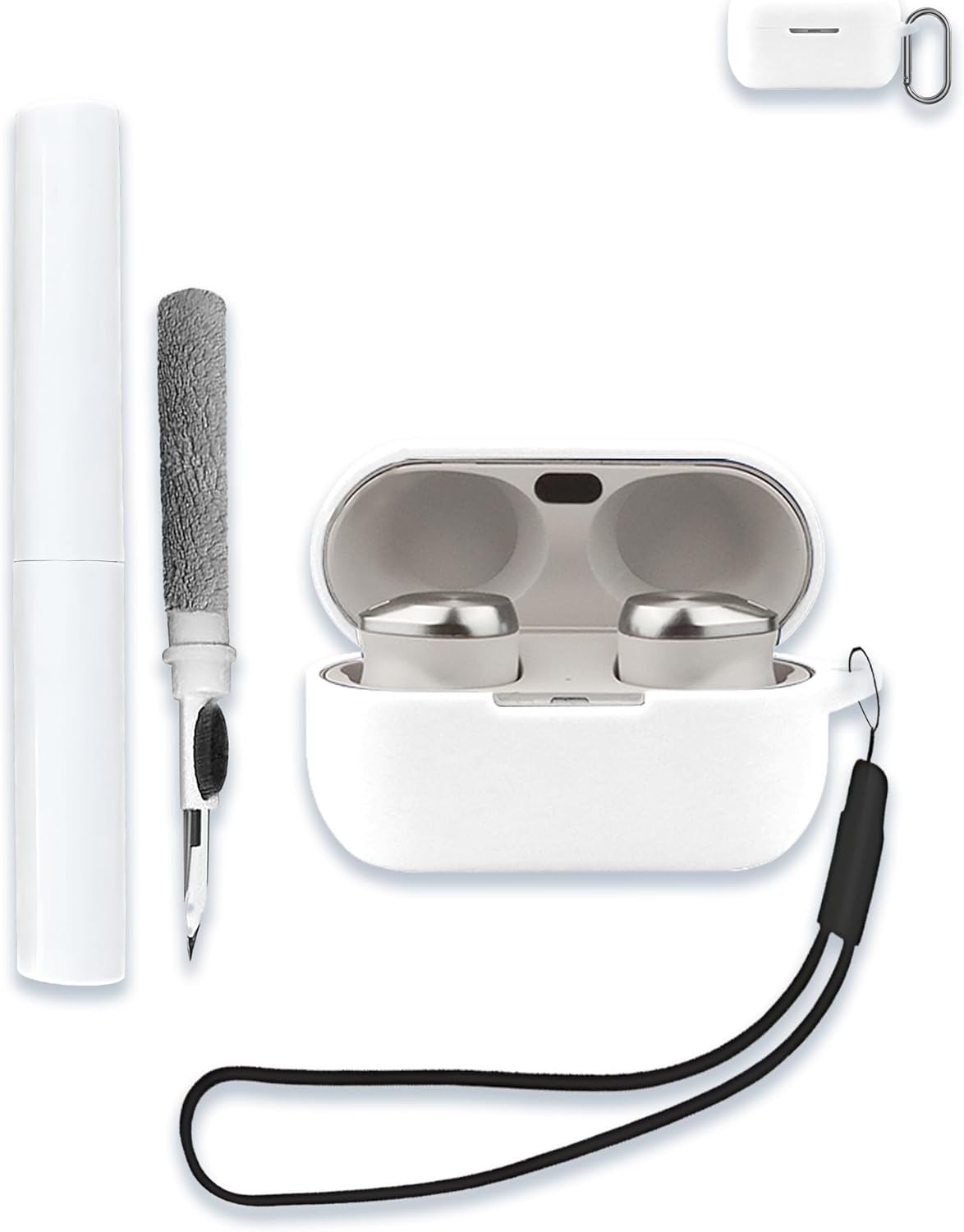 Case for Technics EAH-AZ100 Hi-Fi Wireless Earbuds, Soft Silicone Protective Portable Scratch Shock Resistant Shell with Cleaner Kit & Carabiner & Lanyard,White