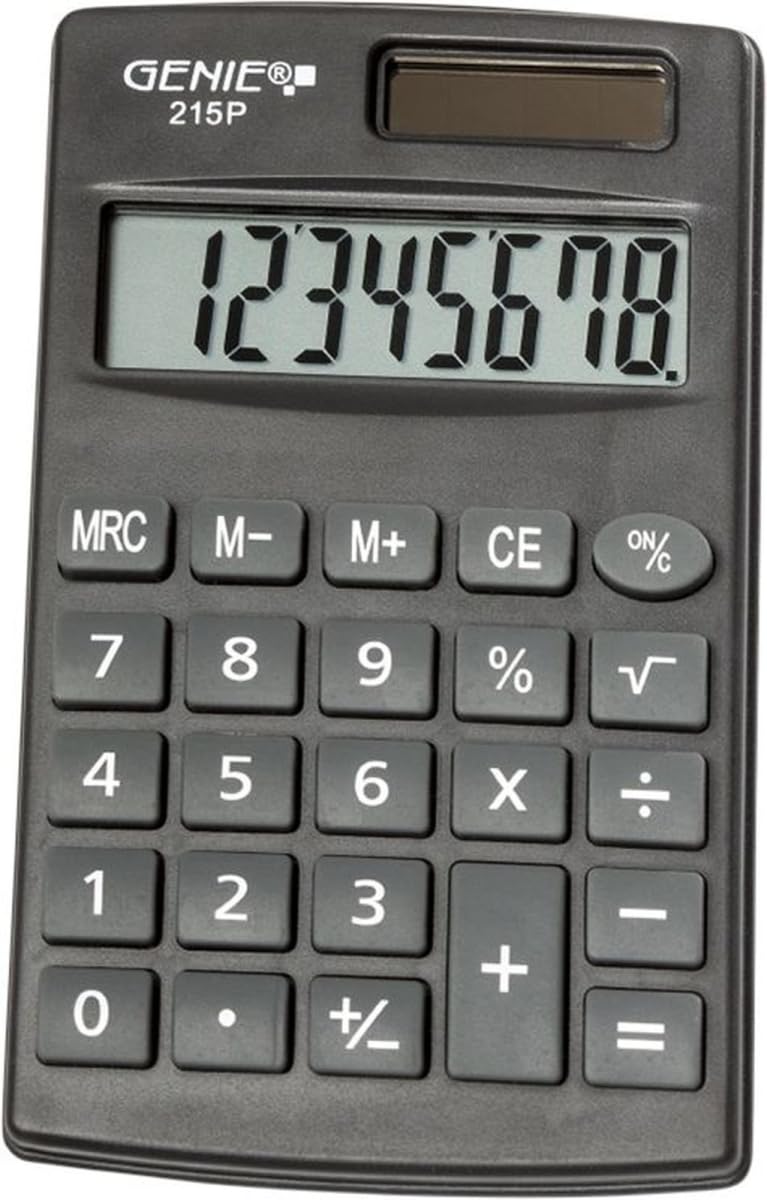 Genie Calculatrice 215 Chiffres P8 Double Alimentation Solaire Pile Design Compact Gris