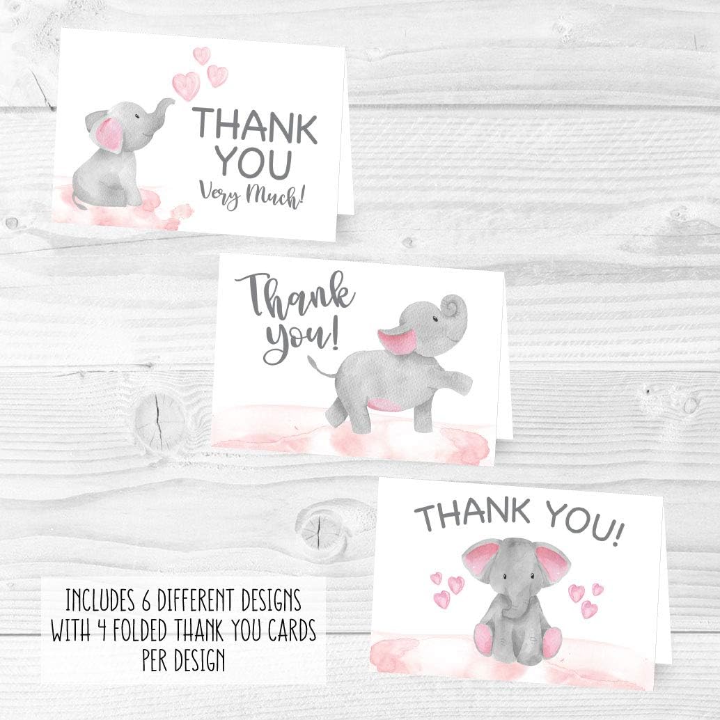 Hadley Designs Baby Shower Thank You Cards with Envelopes - 24 Baby Girl Thank You Cards for Gift, Girl Thankyou Notes Babyshower Sprinkle, Cute Pink Elephant Shower Thanks Card - Image 6